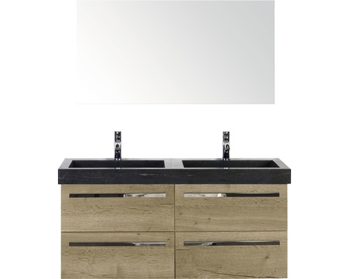 Set de meubles de salle de bains Sanox Seville lxhxp 121 x 170 x 45,5 cm couleur de façade chêne naturel avec vasque en pierre naturelle noir et vasque double en pierre naturelle meuble sous vasque miroir