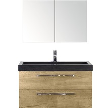 Badmöbel-Set Sanox Seville BxHxT 101 x 170 x 45,5 cm Frontfarbe eiche natur mit Waschtisch Naturstein schwarz