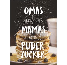 Illustration avec une pile de crêpes, des myrtilles et du sucre glace avec le texte : Les grand-mères sont comme les mamans, mais avec du sucre glace.