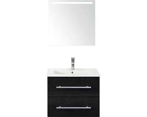 Badmöbel-Set Sanox Stretto BxHxT 61 x 170 x 39 cm Frontfarbe schwarz eiche mit Waschtisch Keramik weiß und Keramik-Waschtisch Waschtischunterschrank Spiegel mit LED-Beleuchtung