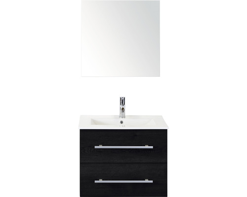 Set de meubles de salle de bains Sanox Stretto lxhxp 61 x 170 x 39 cm couleur de façade black oak avec vasque en céramique blanc et vasque en céramique miroir meuble sous vasque