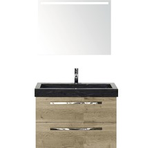 Badmöbel-Set Sanox Seville BxHxT 81 x 170 x 45,5 cm Frontfarbe eiche natur mit Waschtisch Naturstein schwarz und Naturstein-Waschtisch Waschtischunterschrank Spiegel mit LED-Beleuchtung