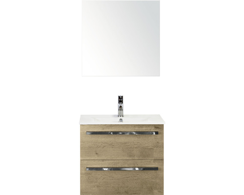 Set de meubles de salle de bains Sanox Seville lxhxp 61 x 170 x 46 cm couleur de façade chêne naturel avec vasque céramique blanc et vasque céramique miroir meuble sous vasque