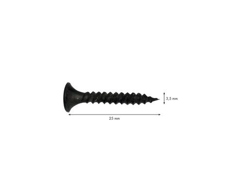 Schwarze Schraube, 25 mm lang und 3,5 mm Durchmesser