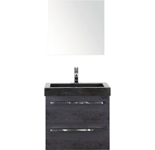 Badmöbel-Set Sanox Seville BxHxT 61 x 170 x 45,5 cm Frontfarbe schwarz eiche mit Waschtisch Naturstein schwarz und Naturstein-Waschtisch Waschtischunterschrank Spiegel