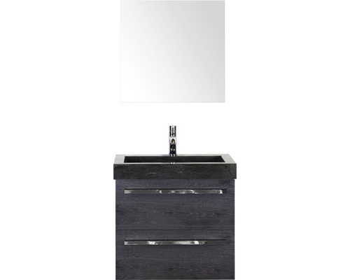 Badmöbel-Set Sanox Seville BxHxT 61 x 170 x 45,5 cm Frontfarbe schwarz eiche mit Waschtisch Naturstein schwarz und Naturstein-Waschtisch Waschtischunterschrank Spiegel