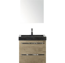 Badmöbel-Set Sanox Seville BxHxT 61 x 170 x 45,5 cm Frontfarbe eiche natur mit Waschtisch Naturstein schwarz und Naturstein-Waschtisch Waschtischunterschrank Spiegel