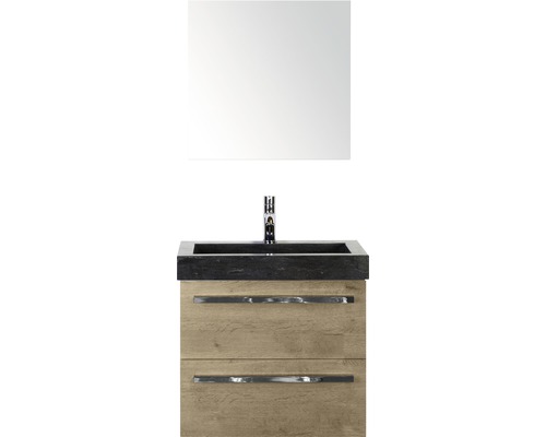 Badmöbel-Set Sanox Seville BxHxT 61 x 170 x 45,5 cm Frontfarbe eiche natur mit Waschtisch Naturstein schwarz und Naturstein-Waschtisch Waschtischunterschrank Spiegel