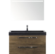 Badmöbel-Set Sanox Seville BxHxT 101 x 170 x 45,5 cm Frontfarbe tabacco mit Waschtisch Naturstein schwarz und Naturstein-Waschtisch Waschtischunterschrank Spiegel mit LED-Beleuchtung