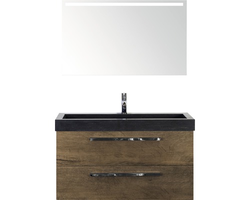 Badmöbel-Set Sanox Seville BxHxT 101 x 170 x 45,5 cm Frontfarbe tabacco mit Waschtisch Naturstein schwarz und Naturstein-Waschtisch Waschtischunterschrank Spiegel mit LED-Beleuchtung