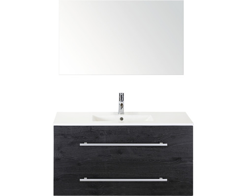 Badmöbel-Set Sanox Stretto BxHxT 101 x 170 x 39 cm Frontfarbe black oak mit Waschtisch Keramik weiß und Keramik-Waschtisch Spiegel Waschtischunterschrank Waschtisch mit Spiegel, Waschbecken, Armatur und Unterschrank mit zwei Schubladen