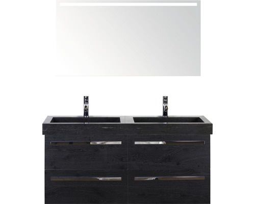 Badmöbel-Set Sanox Seville Frontfarbe schwarz eiche BxHxT 121 x 170 x 45,5 cm mit Natursteinwaschtisch und Spiegel mit LED-Beleuchtung