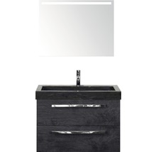 Badmöbel-Set Sanox Seville BxHxT 81 x 170 x 45,5 cm Frontfarbe schwarz eiche mit Waschtisch Naturstein schwarz und Naturstein-Waschtisch Waschtischunterschrank Spiegel mit LED-Beleuchtung
