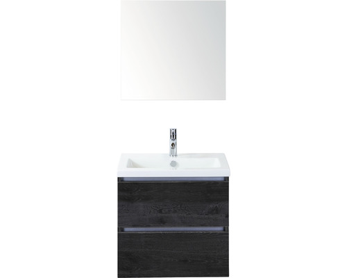 Set de meubles de salle de bains Sanox Vogue lxhxp 61 x 170 x 41 cm couleur de façade black oak avec vasque céramique blanc et vasque céramique miroir meuble sous vasque