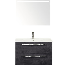 Badmöbel-Set Sanox Seville BxHxT 81 x 170 x 46 cm Frontfarbe black oak mit Waschtisch Keramik weiß und Keramik-Waschtisch Spiegel mit LED-Beleuchtung Waschtischunterschrank