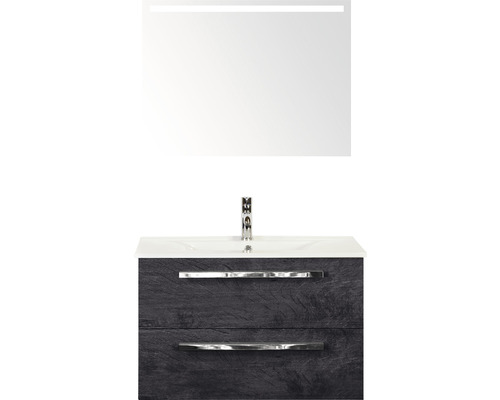 Badmöbel-Set Sanox Seville BxHxT 81 x 170 x 46 cm Frontfarbe black oak mit Waschtisch Keramik weiß und Keramik-Waschtisch Spiegel mit LED-Beleuchtung Waschtischunterschrank Waschtischkombination mit Unterschrank, Waschbecken und Spiegel