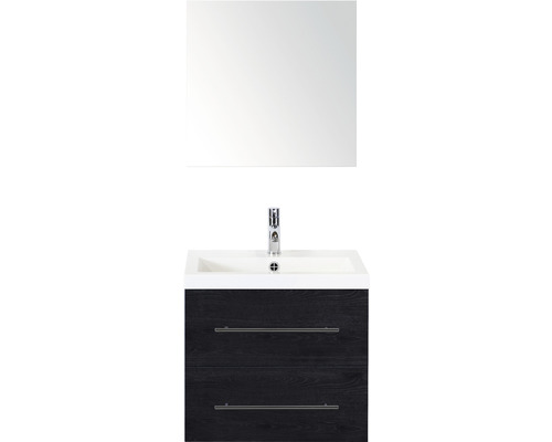 Badmöbel-Set Sanox Straight BxHxT 60 x 170 x 40 cm Frontfarbe black oak mit Waschtisch Mineralguss weiß und Mineralguss-Waschtisch Spiegel Waschtischunterschrank
