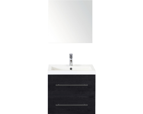 Set de meubles de salle de bains Sanox Straight lxhxp 60 x 170 x 40 cm couleur de façade black oak avec vasque en fonte minérale blanc et vasque en fonte minérale miroir meuble sous vasque