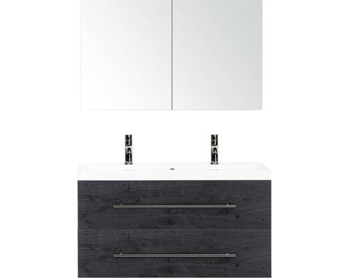 Doppelbadmöbel Sanox Straight BxHxT 100 x 170 x 40 cm Frontfarbe black oak mit Waschtisch Mineralguss weiß Griff chrom glanz 84716049 Badezimmermöbel-Set mit Waschbecken, Unterschrank mit zwei Schubladen und Spiegelschrank