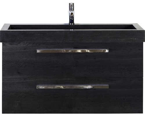 Badmöbel-Set Sanox Seville BxHxT 101 x 58 x 45,5 cm Frontfarbe schwarz eiche black oak mit Waschtisch Naturstein schwarz Waschtischunterschrank mit zwei Schubladen, Aufsatzwaschbecken und Armatur