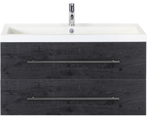 Einzelbadmöbel Sanox Straight BxHxT 100 x 55 x 40 cm Frontfarbe black oak mit Waschtisch Mineralguss weiß Griff chrom glanz 84715449 Waschtischunterschrank mit zwei Schubladen und Aufsatzwaschbecken