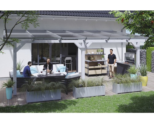 Terrassenüberdachung SKAN HOLZ Andria 648x400 cm weiß Terrasse mit Überdachung, Gartenmöbeln, Pflanzkästen und Grillplatz