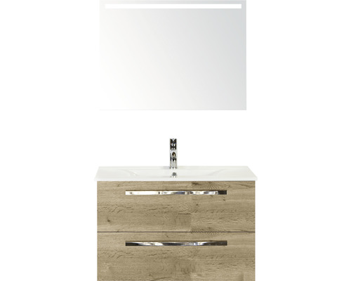 Set de meubles de salle de bains Sanox Seville lxhxp 81 x 170 x 46 cm couleur de façade chêne naturel avec vasque céramique blanc et vasque céramique miroir avec éclairage LED meuble sous vasque