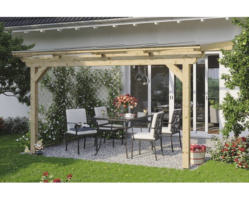 Terrassenüberdachung SKAN HOLZ Ancona 434x250 cm natur Terrassenüberdachung aus Holz mit Tisch und Stühlen im Garten