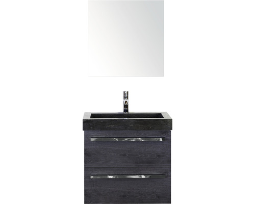 Set de meubles de salle de bains Sanox Seville lxhxp 61 x 170 x 45,5 cm couleur de façade black oak avec vasque en pierre naturelle noir