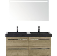 Badmöbel-Set Sanox Seville BxHxT 121 x 170 x 45,5 cm Frontfarbe eiche natur mit Waschtisch Naturstein schwarz und Naturstein-Doppelwaschtisch Waschtischunterschrank Spiegel mit LED-Beleuchtung