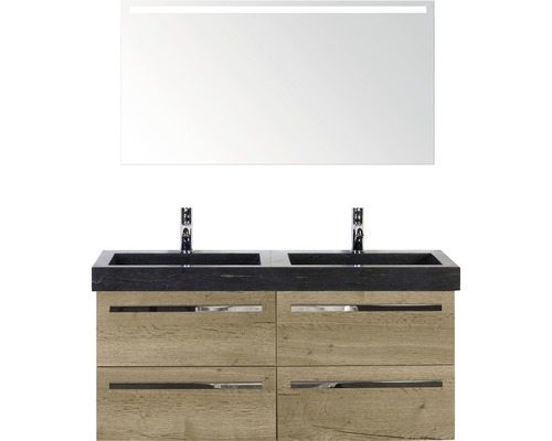 Badmöbel-Set Sanox Seville BxHxT 121 x 170 x 45,5 cm Frontfarbe eiche natur mit Waschtisch Naturstein schwarz und Naturstein-Doppelwaschtisch Waschtischunterschrank Spiegel mit LED-Beleuchtung