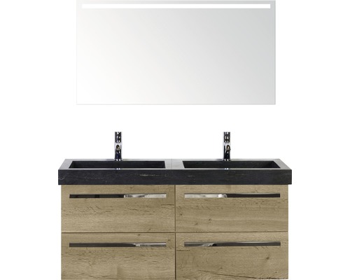 Set de meubles de salle de bains Sanox Seville lxhxp 121 x 170 x 45,5 cm couleur de façade chêne naturel avec vasque en pierre naturelle noir et vasque double en pierre naturelle meuble sous vasque miroir avec éclairage LED