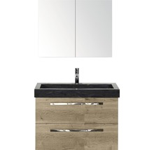Badmöbel-Set Sanox Seville BxHxT 81 x 170 x 45,5 cm Frontfarbe eiche natur mit Waschtisch Naturstein schwarz