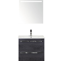 Badmöbel-Set Sanox Seville BxHxT 61 x 170 x 46 cm Frontfarbe black oak mit Waschtisch Keramik weiß und Keramik-Waschtisch Spiegel mit LED-Beleuchtung Waschtischunterschrank