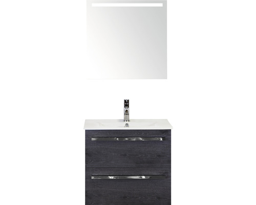 Set de meubles de salle de bains Sanox Seville lxhxp 61 x 170 x 46 cm couleur de façade black oak avec vasque céramique blanc et vasque céramique miroir avec éclairage LED meuble sous vasque