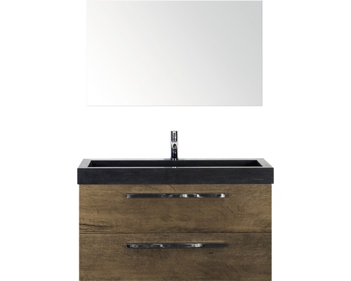 Badmöbel-Set Sanox Seville BxHxT 101 x 170 x 45,5 cm Frontfarbe tabacco mit Waschtisch Naturstein schwarz und Naturstein-Waschtisch Waschtischunterschrank Spiegel