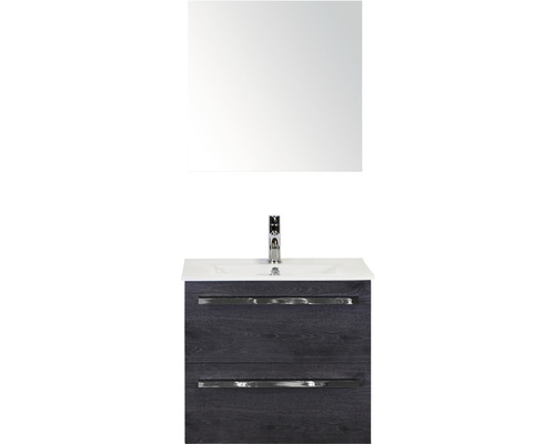 Badmöbel-Set Sanox Seville BxHxT 61 x 170 x 46 cm Frontfarbe black oak mit Waschtisch Keramik weiß und Keramik-Waschtisch Spiegel Waschtischunterschrank