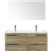 Badmöbel-Set Sanox Seville BxHxT 121 x 170 x 46 cm Frontfarbe eiche natur mit Waschtisch Mineralguss weiß und Spiegel mit LED-Beleuchtung Waschtischunterschrank Mineralguss-Doppelwaschtisch