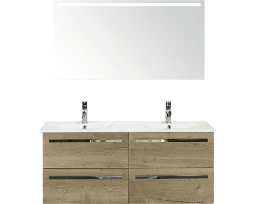 Badmöbel-Set Sanox Seville BxHxT 121 x 170 x 46 cm Frontfarbe eiche natur mit Waschtisch Mineralguss weiß und Spiegel mit LED-Beleuchtung Waschtischunterschrank Mineralguss-Doppelwaschtisch Badezimmermöbel-Set mit Doppelwaschtisch, Unterschrank mit Schubladen und Spiegel mit Beleuchtung