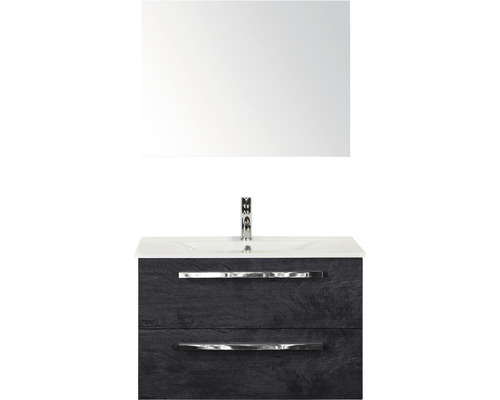 Badmöbel-Set Sanox Seville BxHxT 81 x 170 x 46 cm Frontfarbe black oak mit Waschtisch Keramik weiß und Keramik-Waschtisch Spiegel Waschtischunterschrank Waschtischunterschrank mit Waschbecken und Spiegel für das Badezimmer