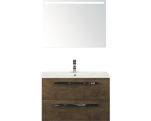 Badmöbel-Set Sanox Seville BxHxT 81 x 170 x 46 cm Frontfarbe tabacco mit Waschtisch Keramik weiß und Keramik-Waschtisch Spiegel mit LED-Beleuchtung Waschtischunterschrank