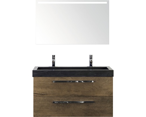 Badmöbel-Set Sanox Seville Frontfarbe Tabacco BxHxT 101 x 170 x 45,5 cm mit Natursteinwaschtisch und Spiegel mit LED-Beleuchtung Waschtischkombination mit Spiegel, Unterschrank mit zwei Schubladen und Aufsatzwaschbecken