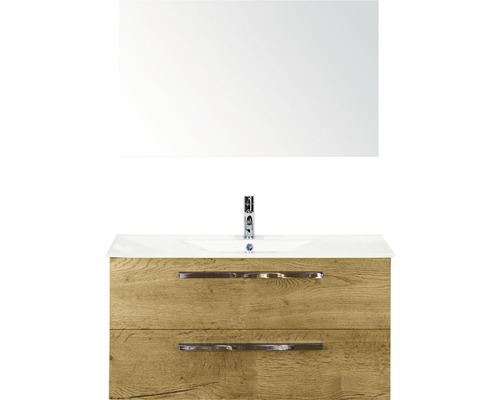 Badmöbel-Set Sanox Seville BxHxT 101 x 170 x 46 cm Frontfarbe eiche natur mit Waschtisch Keramik weiß und Keramik-Waschtisch Spiegel Waschtischunterschrank Waschtischkombination mit Spiegel, Waschbecken, Armatur und zwei Schubladen