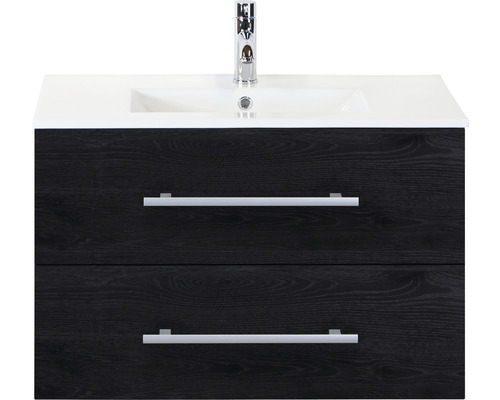 Set de meubles de salle de bains Sanox Stretto lxhxp 81 x 51,8 x 39 cm couleur de façade black oak avec vasque céramique blanc Set de meubles de salle de bains Sanox Stretto lxhxp 81 x 51,8 x 39 cm couleur de façade black oak avec vasque céramique blanc
