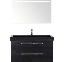 Badmöbel-Set Sanox Seville BxHxT 101 x 170 x 45,5 cm Frontfarbe schwarz eiche black oak mit Waschtisch Naturstein schwarz und Naturstein-Waschtisch Waschtischunterschrank Spiegel mit LED-Beleuchtung