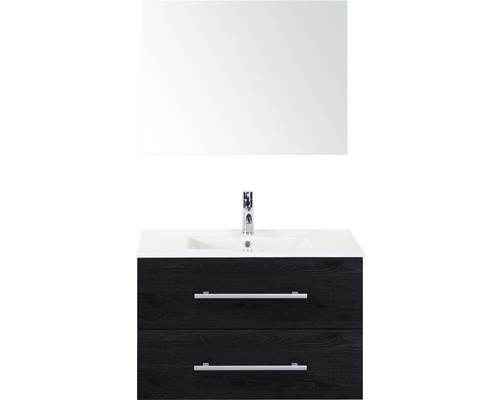 Badmöbel-Set Sanox Stretto BxHxT 81 x 170 x 39 cm Frontfarbe black oak mit Waschtisch Keramik weiß und Keramik-Waschtisch Spiegel Waschtischunterschrank Waschtischunterschrank mit Waschbecken und Spiegel für das Badezimmer