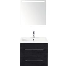 Set de meubles de salle de bains Sanox Straight lxhxp 60 x 170 x 40 cm couleur de façade black oak avec vasque en fonte minérale blanc et vasque en fonte minérale miroir avec éclairage LED meuble sous vasque