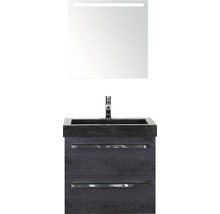 Badmöbel-Set Sanox Seville BxHxT 61 x 170 x 45,5 cm Frontfarbe schwarz eiche mit Waschtisch Naturstein schwarz und Naturstein-Waschtisch Waschtischunterschrank Spiegel mit LED-Beleuchtung