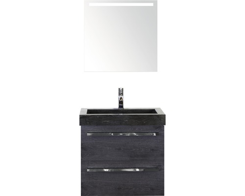 Set de meubles de salle de bains Sanox Seville lxhxp 61 x 170 x 45,5 cm couleur de façade chêne noir avec vasque en pierre naturelle noir et vasque en pierre naturelle meuble sous vasque miroir avec éclairage LED