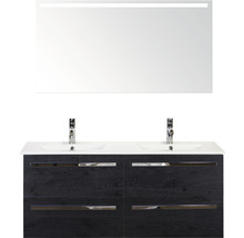 Badmöbel-Set Sanox Seville BxHxT 121 x 170 x 46 cm Frontfarbe black oak mit Waschtisch Keramik weiß und Keramik-Doppelwaschtisch Spiegel mit LED-Beleuchtung Waschtischunterschrank